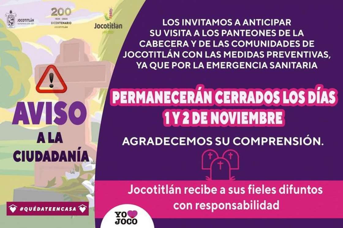 Se permitirá visitar panteones en Jocotitlán hasta el 31 de octubre