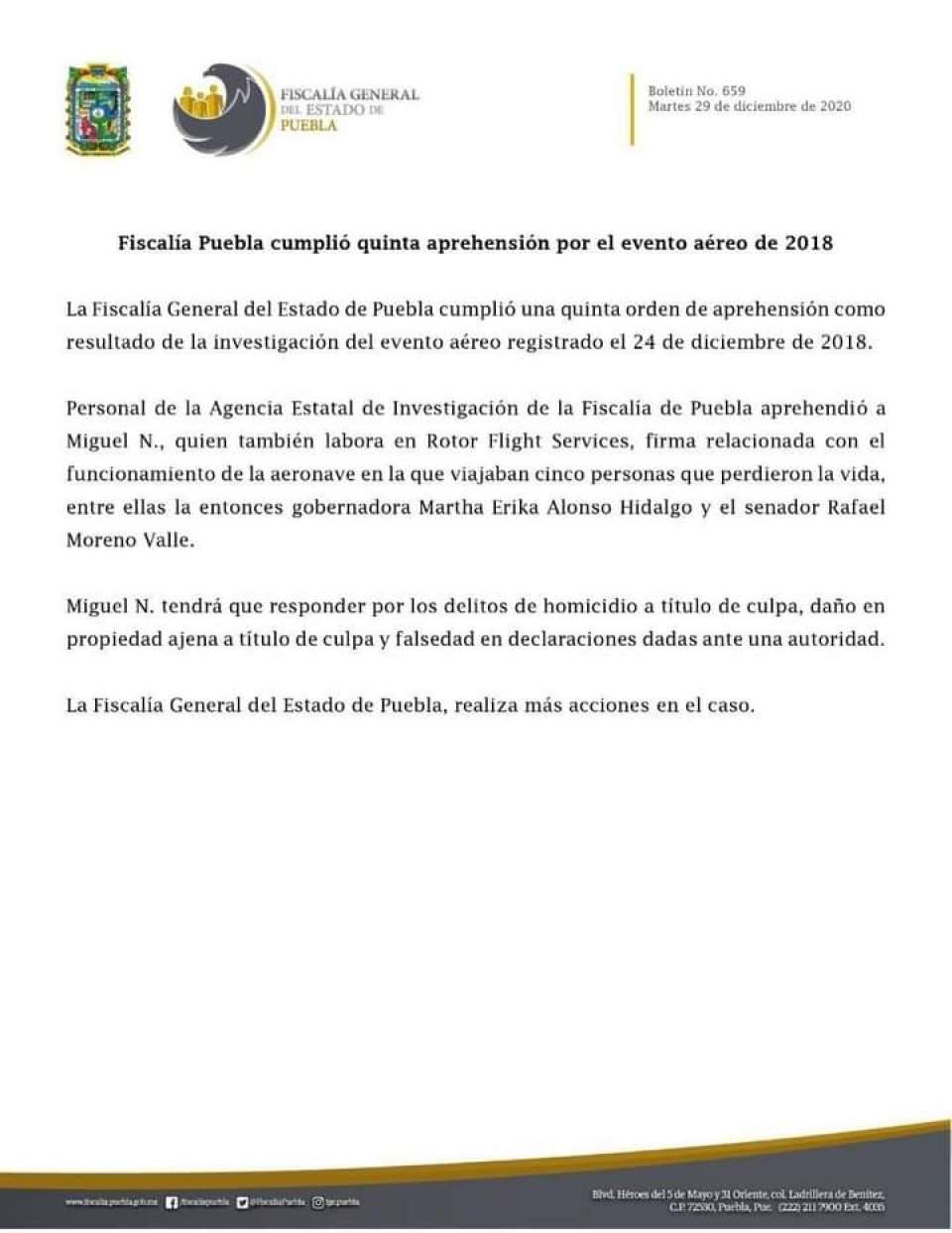 Fiscalía de Puebla cumplió quinta aprehensión por el evento aéreo de 2018.