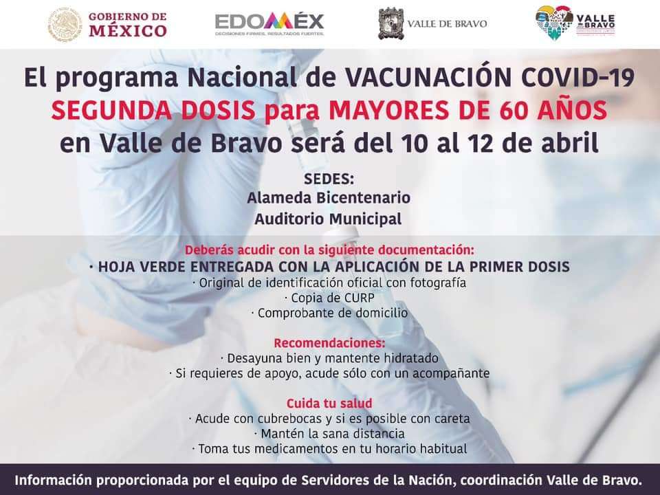 Iniciará Valle de Bravo aplicación de segunda dosis de vacuna contra Covid-19