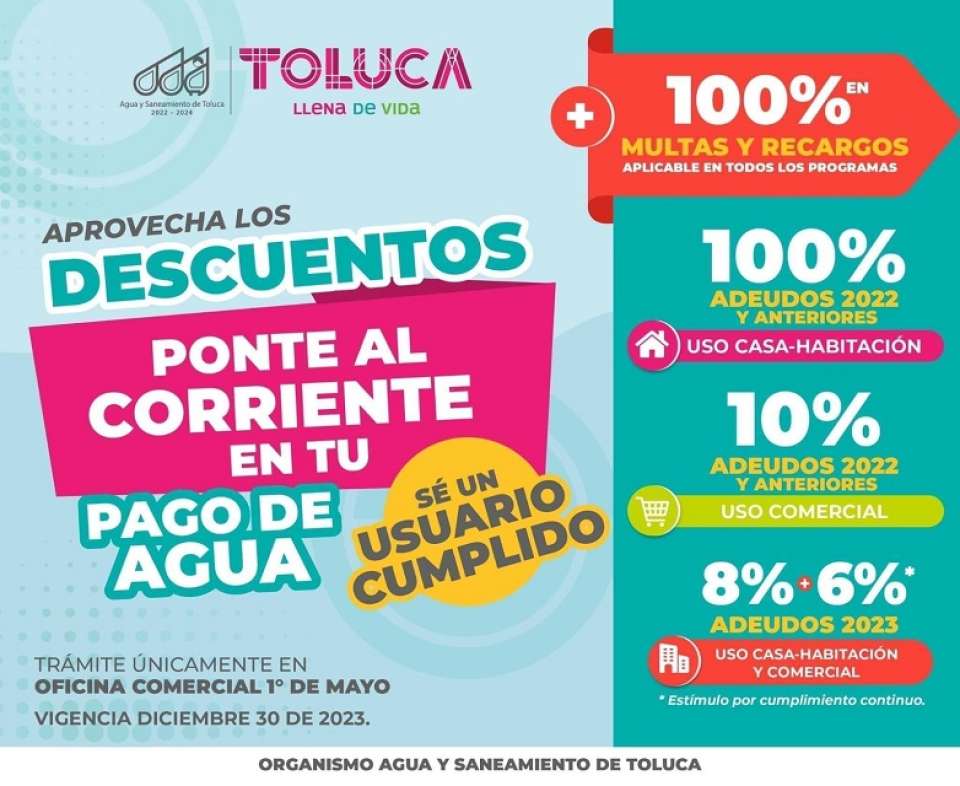 Invita Toluca a aprovechar los descuentos en pago de agua 2023