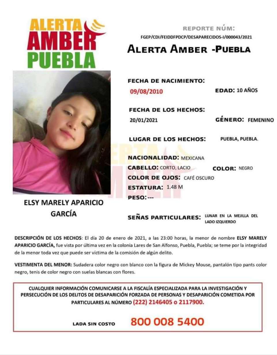 Fiscalía de Puebla activa Alerta Amber para localizar a menor de 10 años.